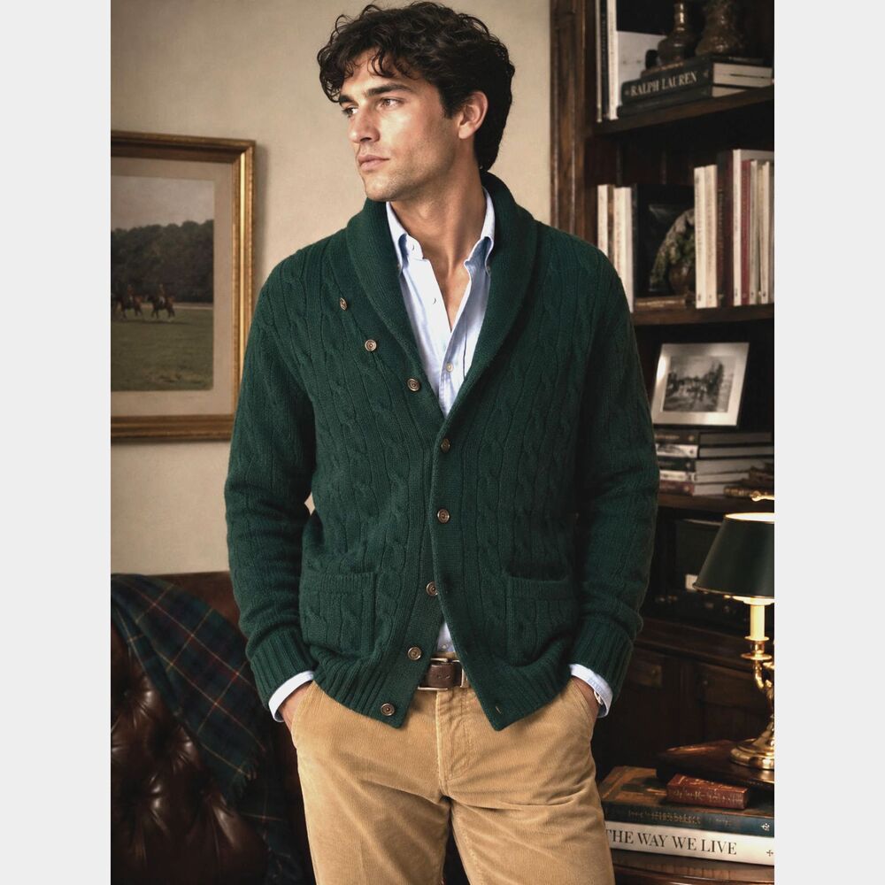 Polo Ralph Lauren Green Cashmere Shawl Collar Cardigan Sweater Top  Mens Size 40